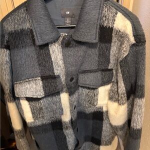 Fuzzy Plaid Jacket in Black, Blue, and White